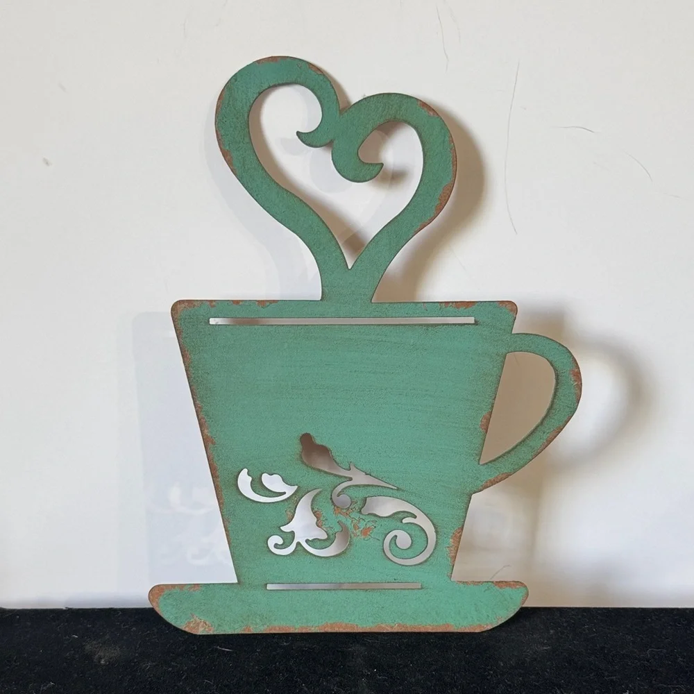 Rustic Green Metal Coffee Cup Wall Decor